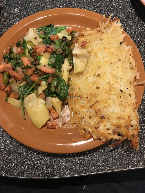 Vegan meal with hash browns sautéed in olive oil at Batter Up Pancakes in Fresno
