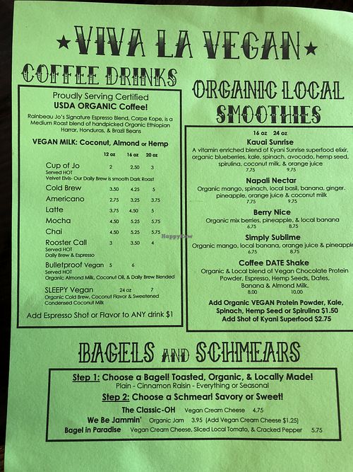 Vegan menu as of August 2018 at Rainbeau Jo's in Lihue