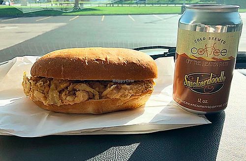Chickpea sandwich and canned coffee at Happy Little Treats - High St in Columbus