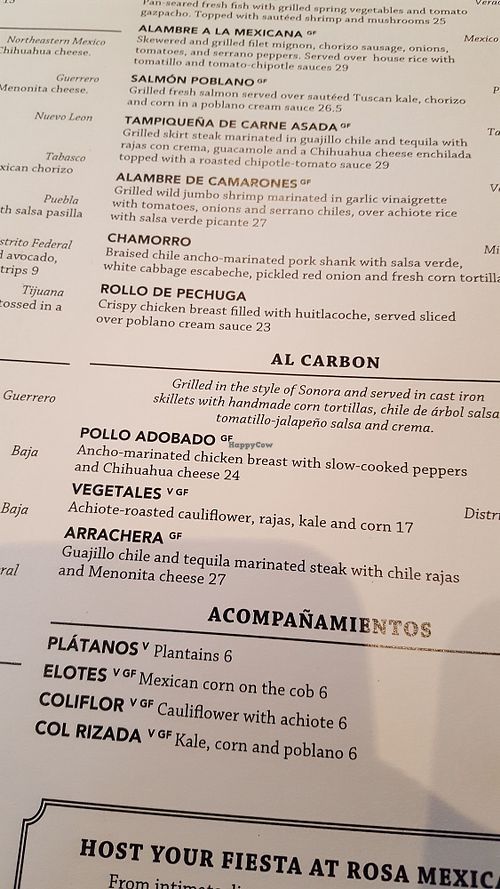 Vegan menu items at Rosa Mexicano in San Francisco