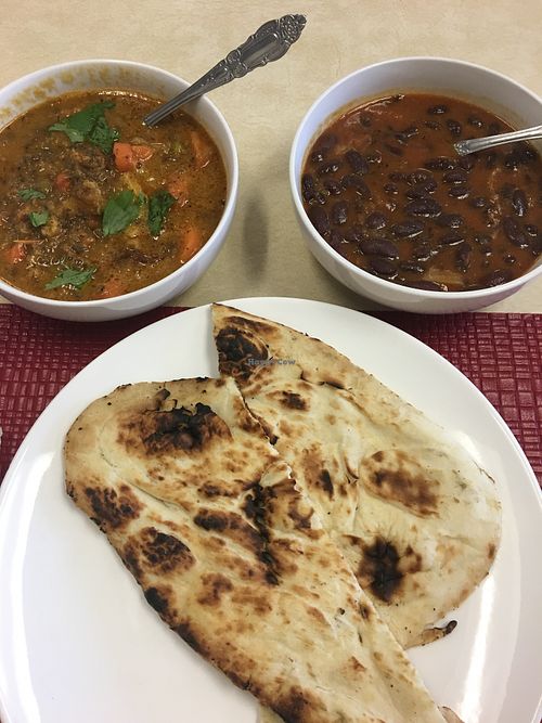 Lentil and veggie soup, curried kidney beans, and naan — all vegan! at Mera Khana in Berlin