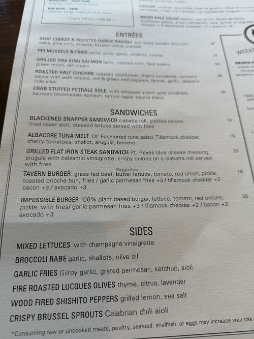 menu at Barrel House Tavern in Sausalito