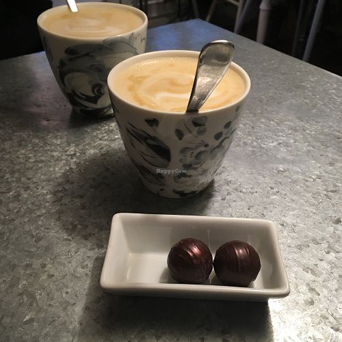 Oat latte & vegan pralines.  at Petris Chocolate Room in Porvoo
