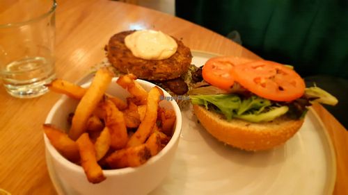 Burger with tempeh bacon. Delicious. at Fresh Kitchen & Juice Bar in Toronto