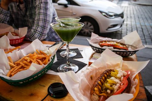 vegan hot dog with fries and basil martini  at Mr.HotDoG in Prague