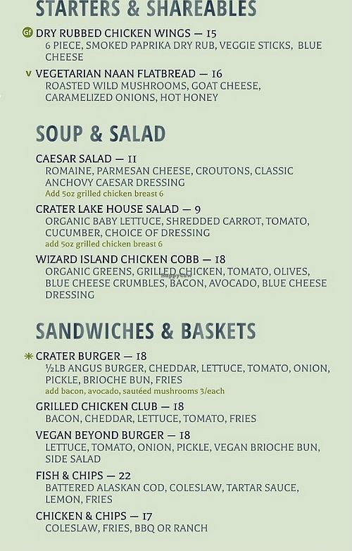 Lunch menu  at Crater Lake Lodge in Klamath Falls