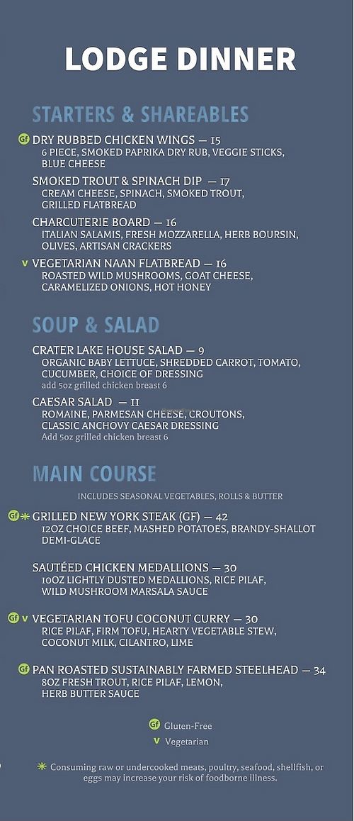 Dinner menu  at Crater Lake Lodge in Klamath Falls