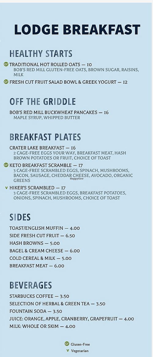 Breakfast menu  at Crater Lake Lodge in Klamath Falls
