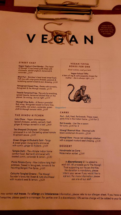 Vegan menu at Mowgli in Nottingham