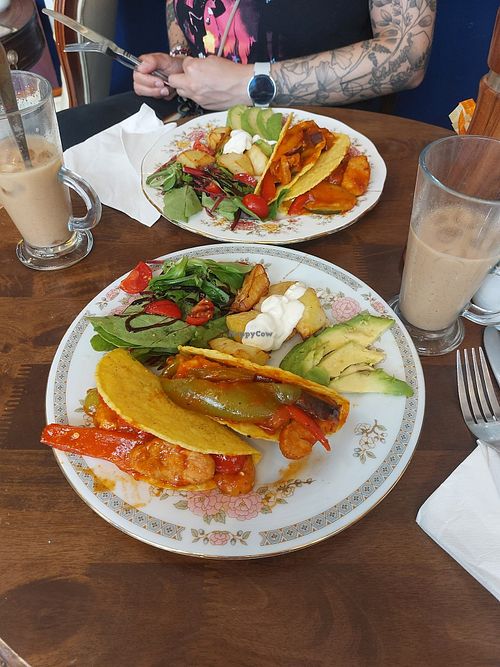 Vegan tacos and vegan iced Chai Lattes at Fishface Café in Ipswich