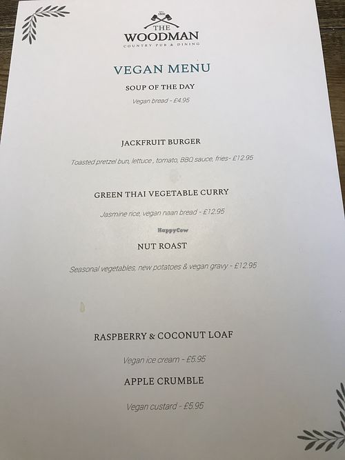 Example menu  at The Woodman in Sevenoaks