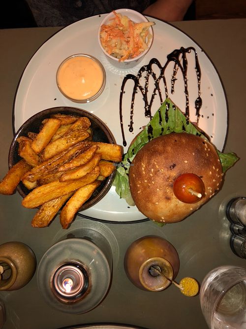 Portobello burger with fries and coleslaw at Cafe Blå in Copenhagen