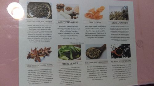 Table has info regarding the benefits of all the different spices they use. at Holi in Dothan