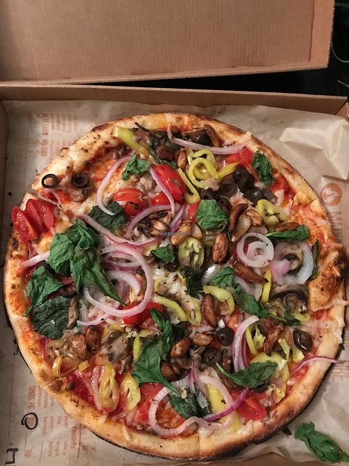 Build your own vegan pizza: mix of veg includes banana peppers and garlic etc at Blaze Pizza in Boston