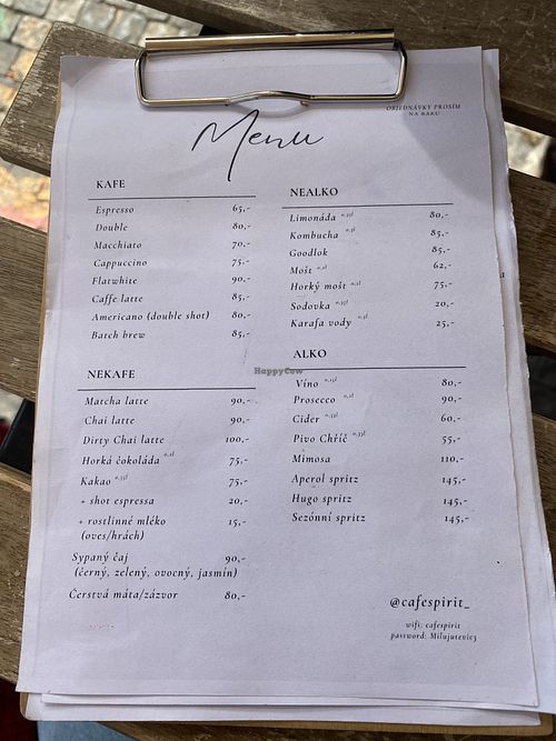 Menu for beverages  at Cafe Spirit in Prague