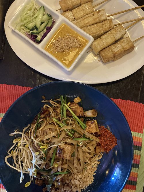 Tofu skewers and vegan pad thai  at Baan Baan Thai cafe in Bishkek