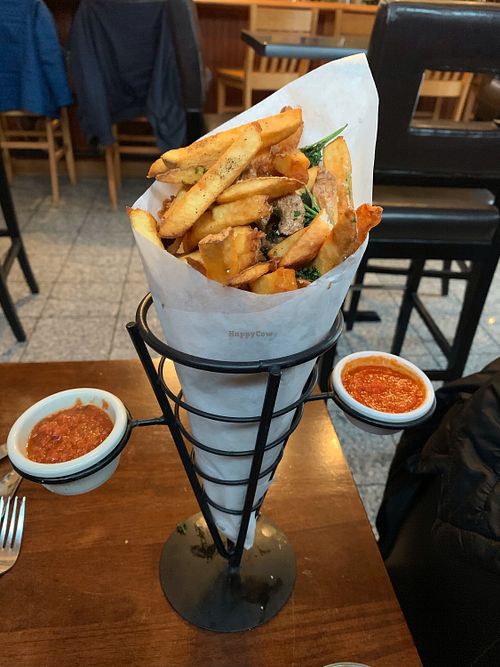 Fries with vegan dipping sauces at DeepWater Brewing Company in Blue Hill
