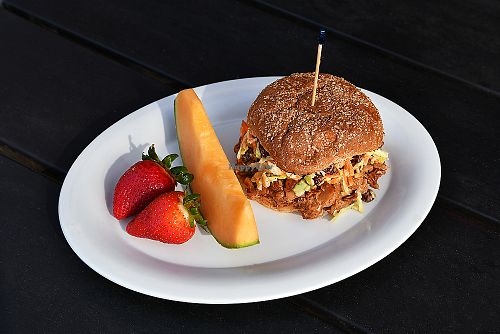 Vegan pulled "pork" sandwich with jackfruit and BBQ sauce at Moxie Cafe in Santa Maria