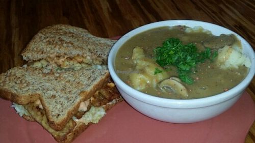 tempeh reuben and mashed potatoes  at Papa G's Vegan Organic Deli in Portland
