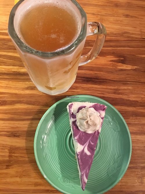 Lemon blueberry cheesecake and strawberry pepper Kombucha  at Papa G's Vegan Organic Deli in Portland