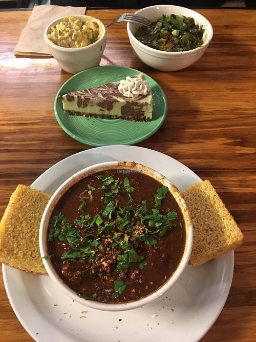 Chili, Cornbread, pistachio chocolate cheesecake  at Papa G's Vegan Organic Deli in Portland