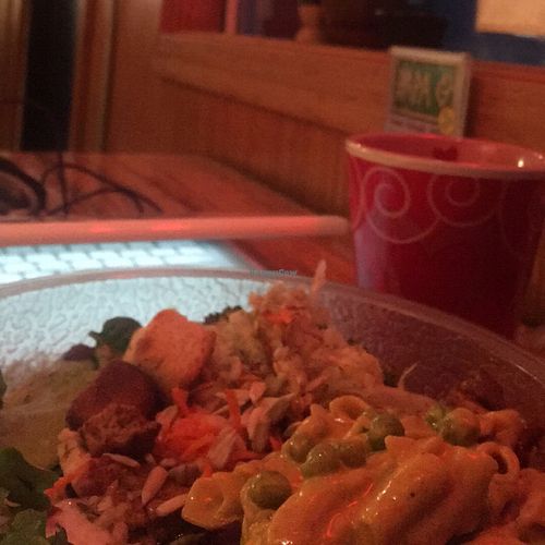 salad bar and curry penne at Papa G's Vegan Organic Deli in Portland