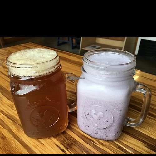 Coffee Kombucha & Blueberry Kefir at Papa G's Vegan Organic Deli in Portland