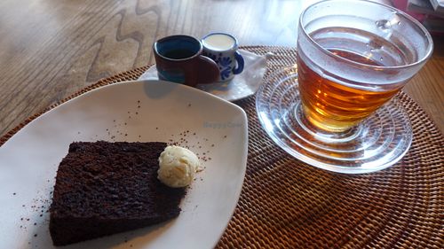 vegan chocolate cake with tea at Aoi Sora Organic Cafe in Sapporo