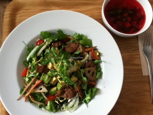 Large salad with soy meat and brown rice underneath, and beet root soup. Delicous! at Aoi Sora Organic Cafe in Sapporo