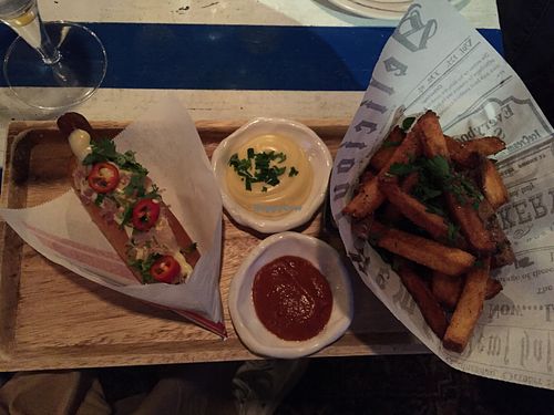 Vegan hot dog and fries at Bar Favela in Helsinki