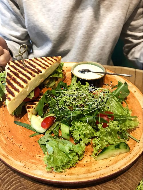 Grilled Cheese Sandwich with Salad at Green Food Cafe in Kharkiv