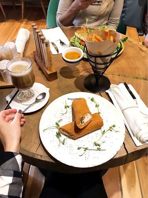 Vegan Burrito, Coconut Milk Latte & Fried Vegetables at Green Food Cafe in Kharkiv