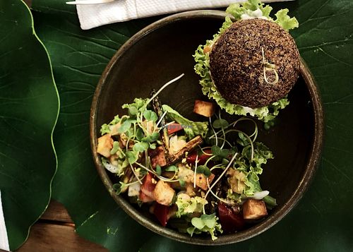 Quinoa Burger (Gluten Free) & Salad with Tofu at Green Food Cafe in Kharkiv