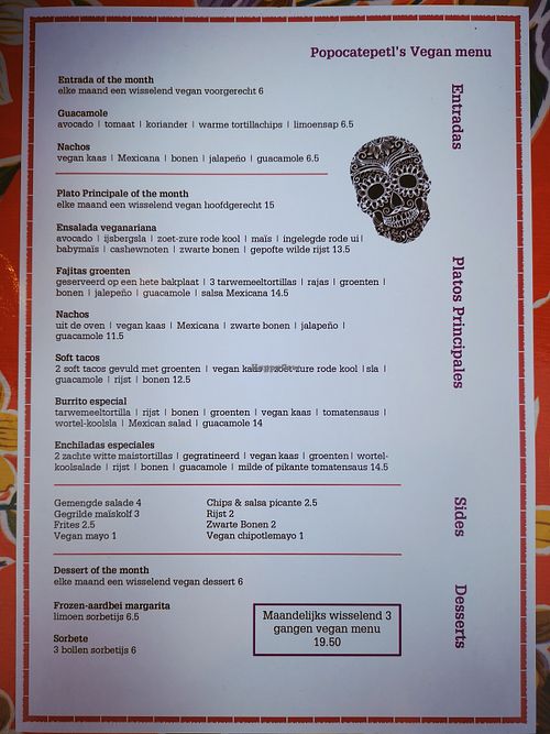vegan menu of popo at Popocatepetl in Amersfoort