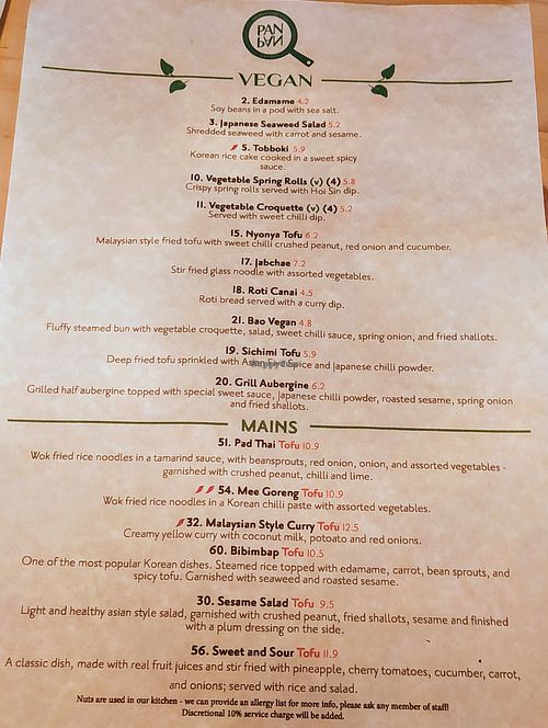 Vegan Menu at Pan Pan in Oxford