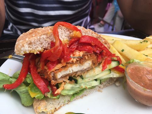 Section of the tofu burger at Comida Go Vegan in Santiago