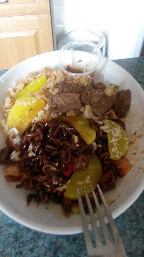 vegan beef bulgogi and jjajang ramyun Korean noodles with black bean paste at Kimchi Planet in Newcastle Upon Tyne