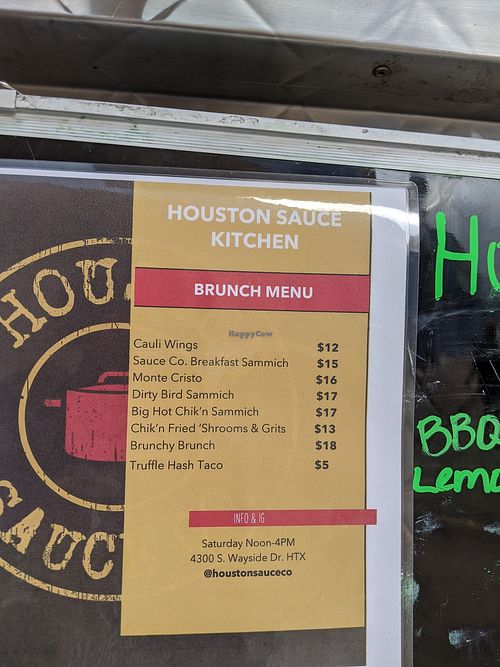 Menu. Got there just before closing & all left was Tasty Truffle hash tacos at Houston Sauce Co in Houston