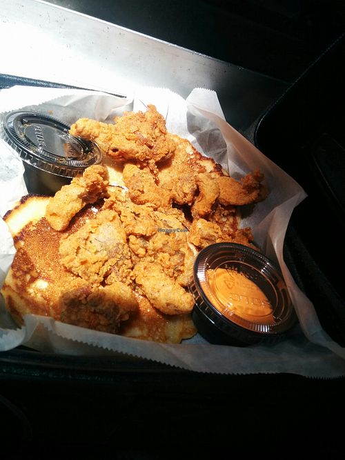 Chickn fried shrooms and hot cakes, with remoulade sauce and syrup on the side. Light, moist, fluffy hotcakes with a hint of ginger, delicious without the syrup. Well seasoned, battered deep fried mushrooms, that I dipped in the smooth remoulade sauce. Vegan style creole southern comfort. at Houston Sauce Co in Houston