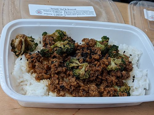 Teriyaki "veef" & broccoli over Jasmine rice. Very tasty, well seasoned. at Houston Sauce Co in Houston