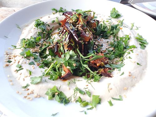 Eggplant hummus plate at Hasiba in Los Angeles