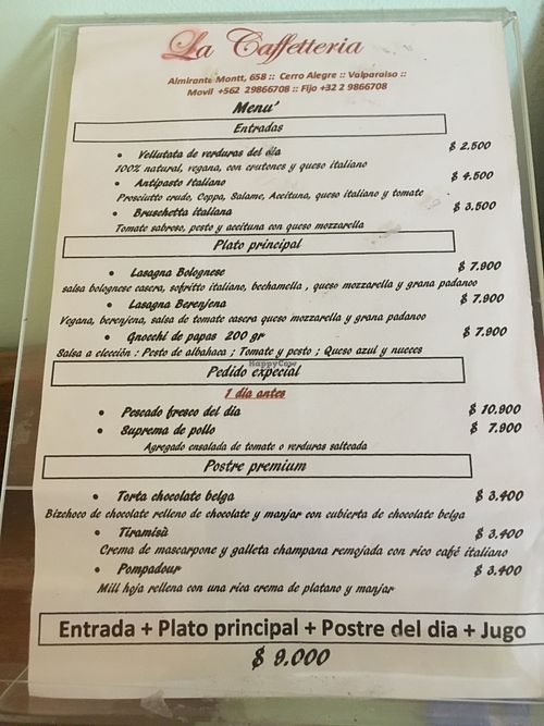 Daily menu at La Caffetteria in Valparaiso