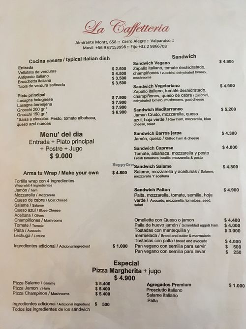 Menu at La Caffetteria in Valparaiso