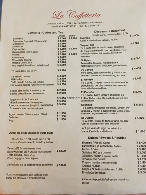 Menu at La Caffetteria in Valparaiso