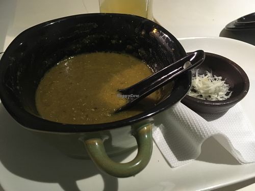 Lentil soup with vegan cheese at La Caffetteria in Valparaiso