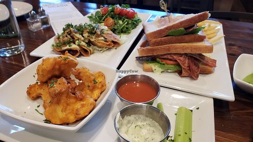 Potato tacos with salad, BLTA with fries & Buffalo Cauli (sauce in the side) Yum! at O'cado in Sherman Oaks