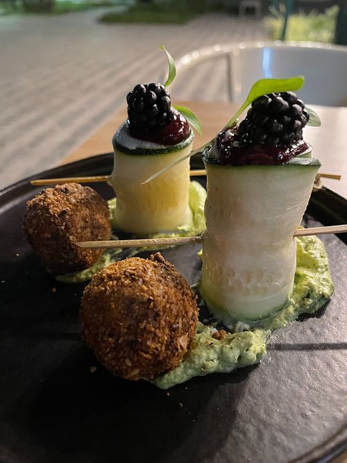 The courgettes were filled with a pasta and the avocado paste in the bottom was a great combo. Nice falafel on the side. at Orteá - Vegan Collective in Lisbon