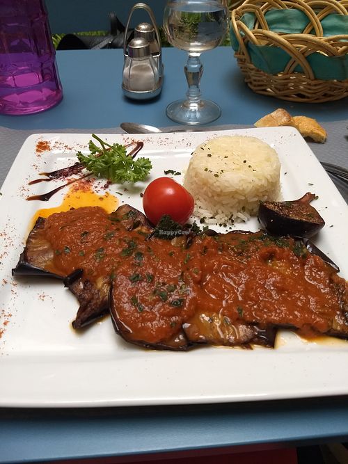 Vegetarian main dish (eggplant risto with Camargue rice) at La Bohème in Arles