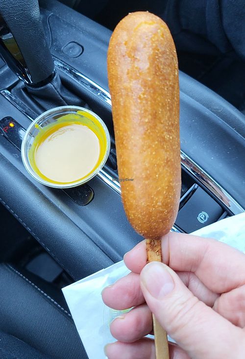 Corn dog with agave mustard. at Earth Burger in San Marcos