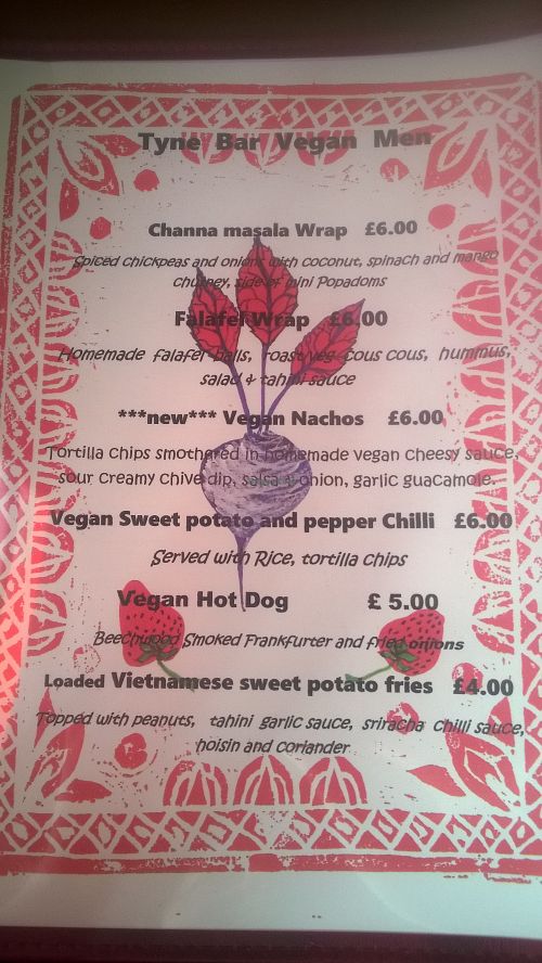 Menu at The Tyne Bar in Newcastle Upon Tyne